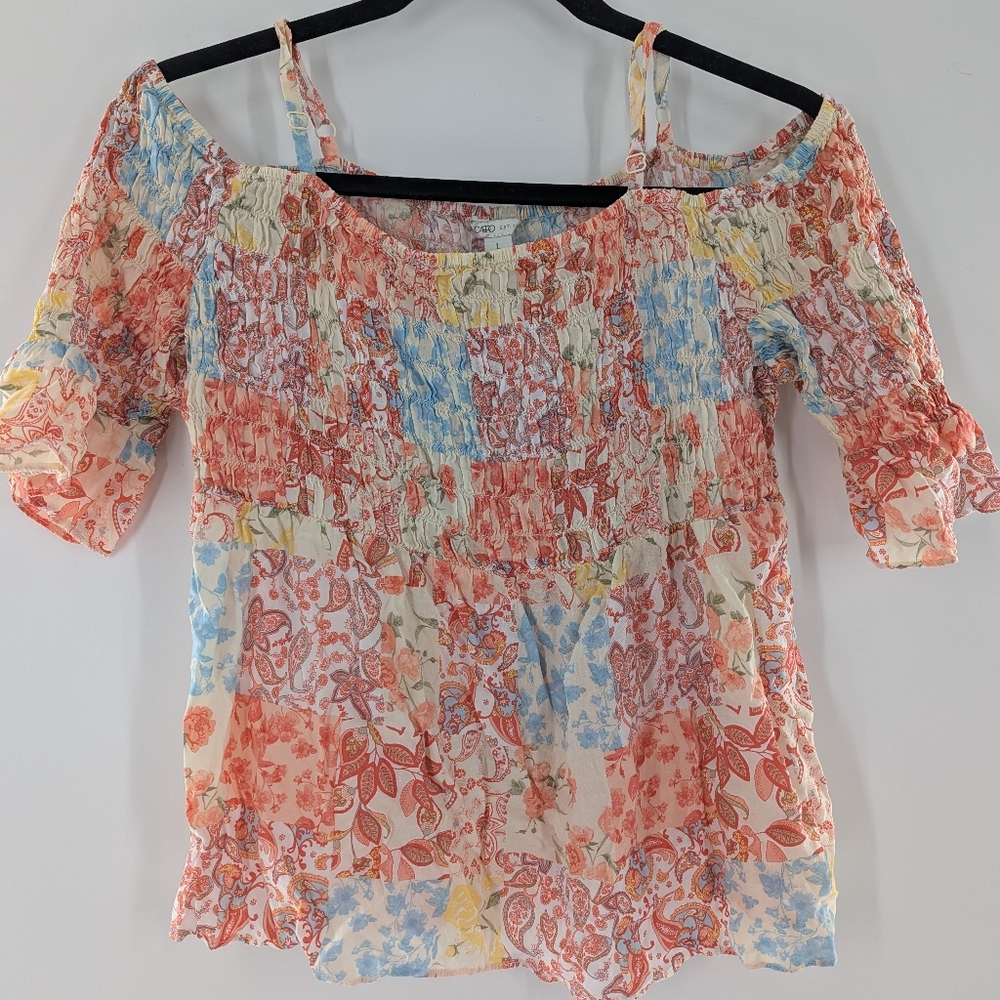 Cato Floral Paisley Cold Shoulder Smocked Blouse Top Large Boho Festival Peasant